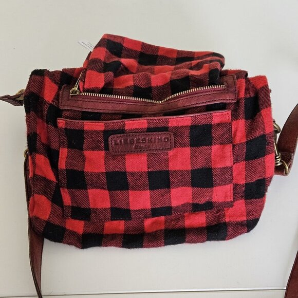 Liebeskind Crossbody Bag Anny Fire Red Aged Leather Zip Flannel Plaid Lined Boho - Picture 15 of 16
